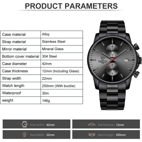 GOLDEN HOUR Men's Watches with Black Stainless Steel and Metal Casual Waterproof - Picture 4 of 7